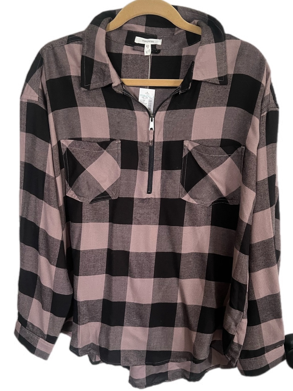 Maurices Plaid Quarter Zip Mauve Pink Black Long Sleeve Shirt Fall Autumn Style